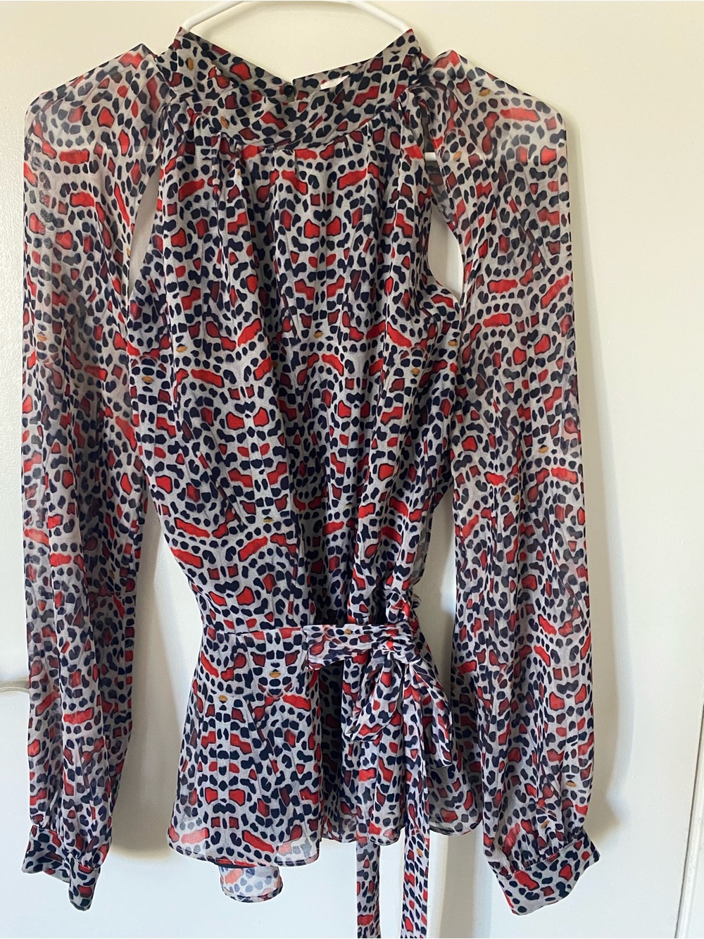 Reiss Red, Navy and White Printed Sheer Tie-Waist Blouse